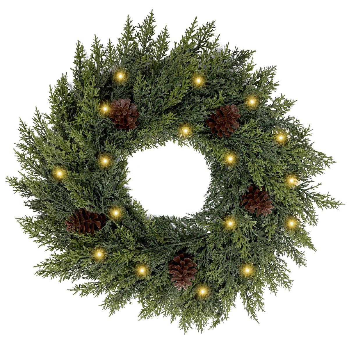 24-in Real Touch Artificial Cedar Wreath, Farmhouse Faux Greenery Decoration with Light, for Front Door, Porch, Indoor Outdoor Christmas Home Decor