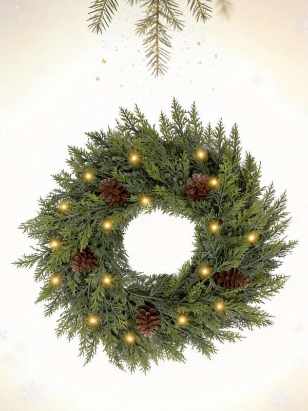 Christmas Wreath with Lights 24 Inch Real Touch Wreath with Pine Cone Christmas Wreaths for Front Door Outdoor Christmas Decorations Winter Wreath for Windows Indoor Holiday