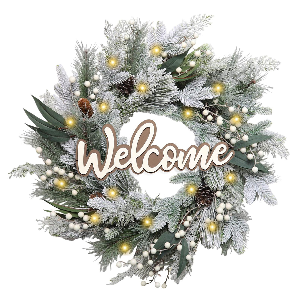 24-Inch Pre-Lit Outdoor White Winter Christmas Wreath, Front Door Welcome Decor for Home Festive Decorations
