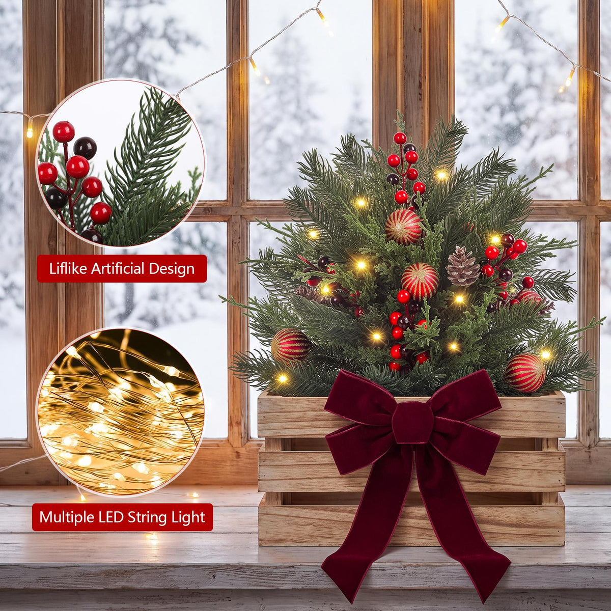 2-Pack 24-Inch Warm White LED Christmas Urn Filler, Artificial Tree Planter Decor for Yule Aesthetic Outdoor Holiday Home & Festive Decorations, Yule Aesthetic Outdoor Holiday Decorations