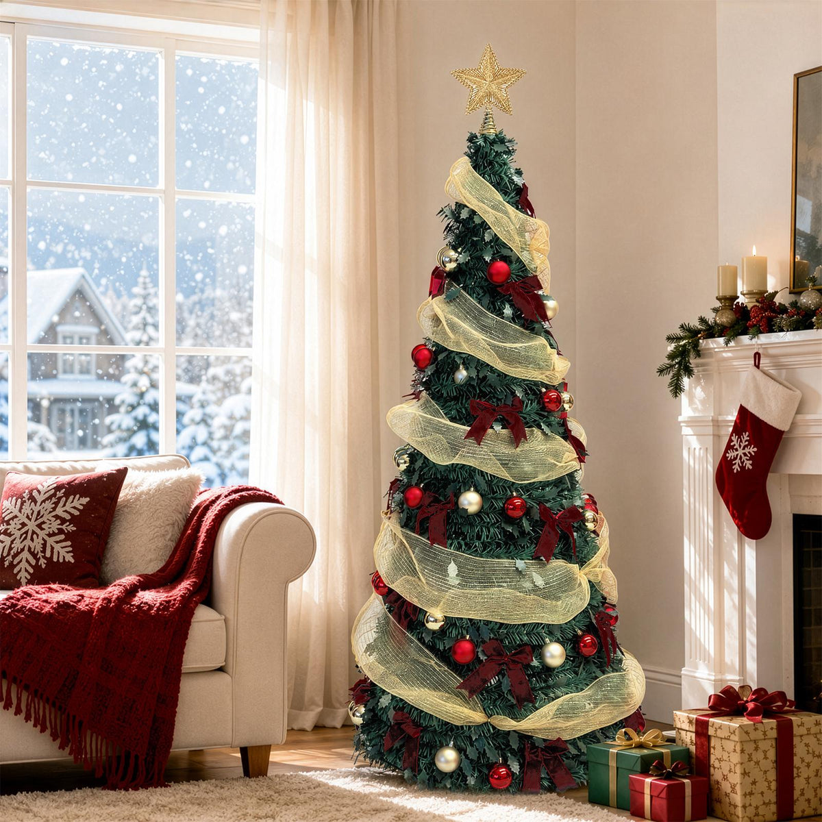 6FT Pre-Lit Pop-Up Artificial Pine Tree Decoration, LED Illuminated Xmas Tree with Remote Control, 200 Warm Holiday Lights, Gold Surround Ribbon, Easy-Assemble Collapsible for Holiday Parties