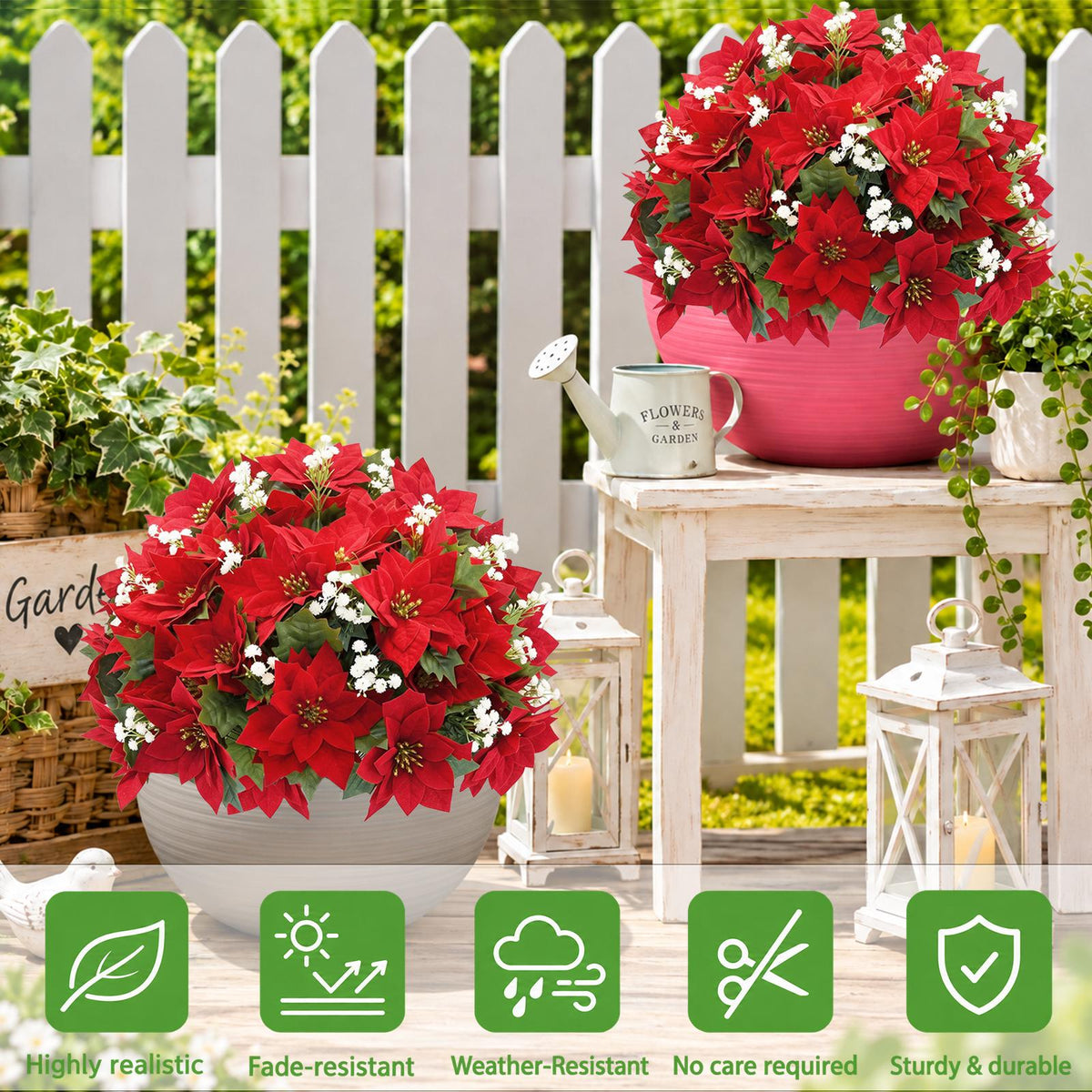 2PC 23.2" Christmas Poinsettia Flower Artificial Topiary Trees Ground Spike