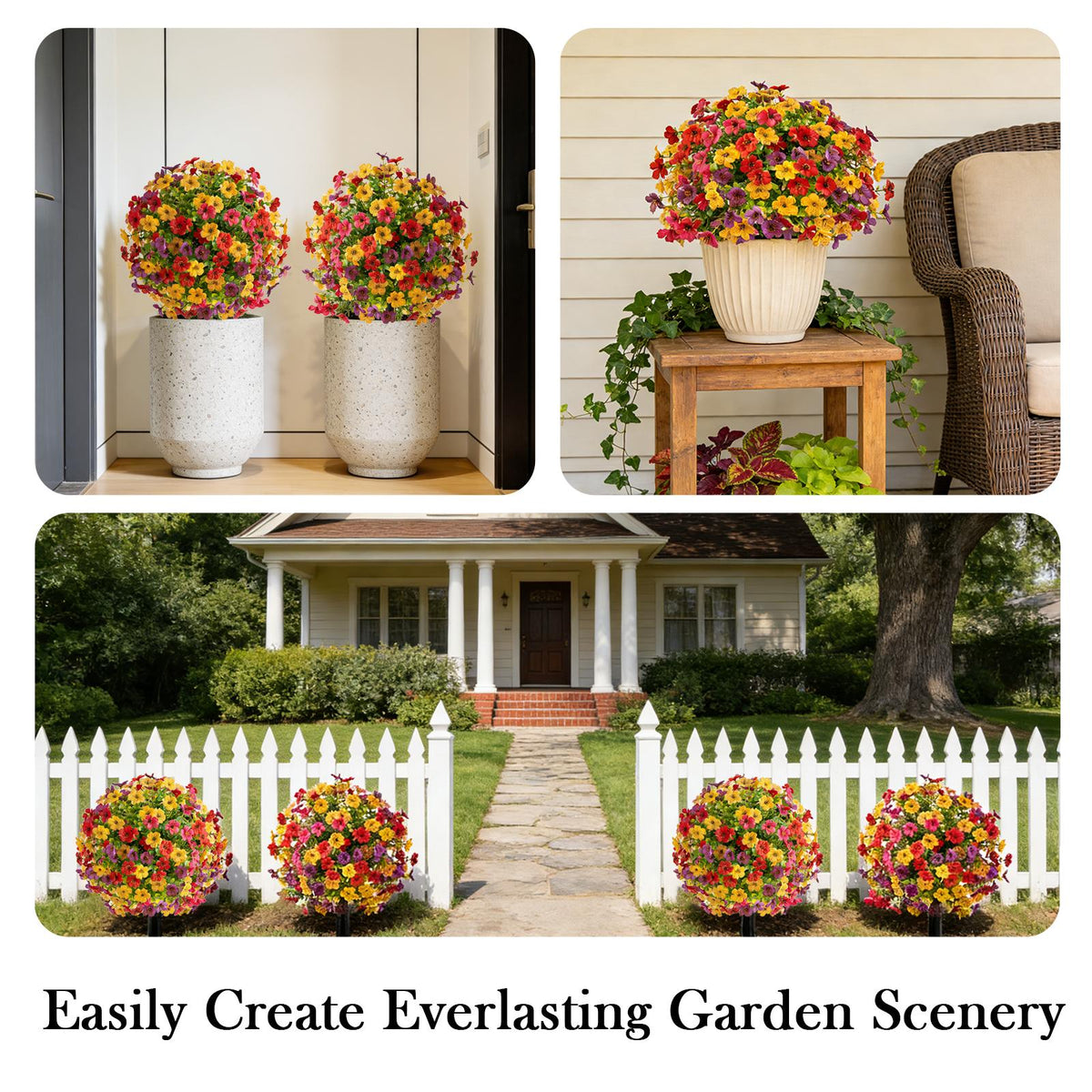 20 in UV-Resistant PE Material Mixed Colors Decorative Faux Flower Topiary Ball Tree with Spike - Fake Bush for Front Porch Garden, Indoor Home Decor Supplies