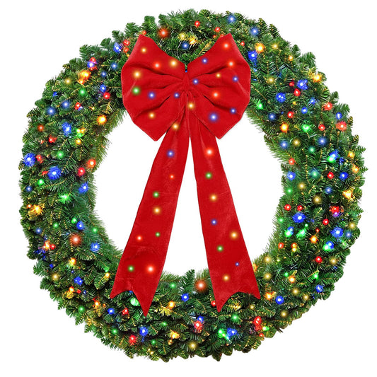 Pre-Lit Large Artificial Christmas Wreath with LED Lighted Bow, 30/36/40/48in Sizes, 210 LED Lights, 714 PVC Tips, Plug-in Holiday Decor for Door, Mantel, 48 In